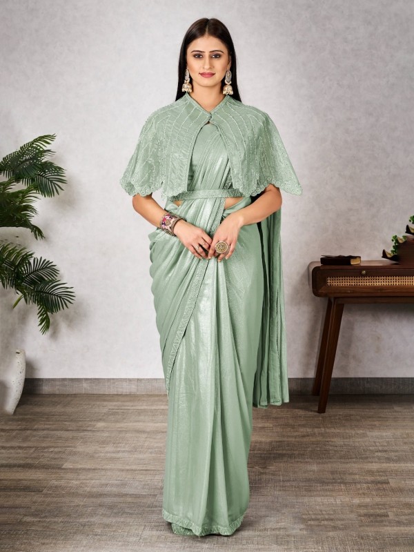 Shimmer Georgette Silk Ready to wear Saree In Olive Green Color 