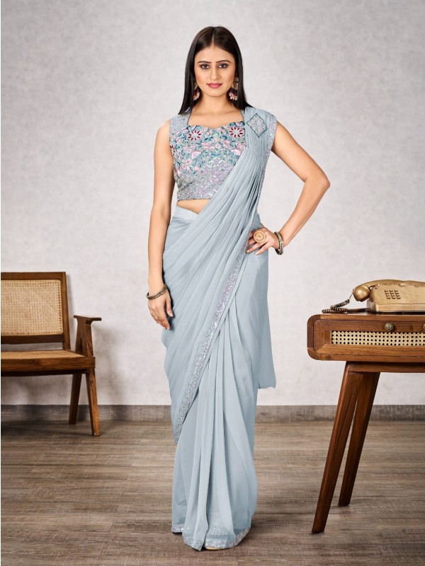 Shimmer Georgette Silk Ready to wear Saree In Light Grey Color 