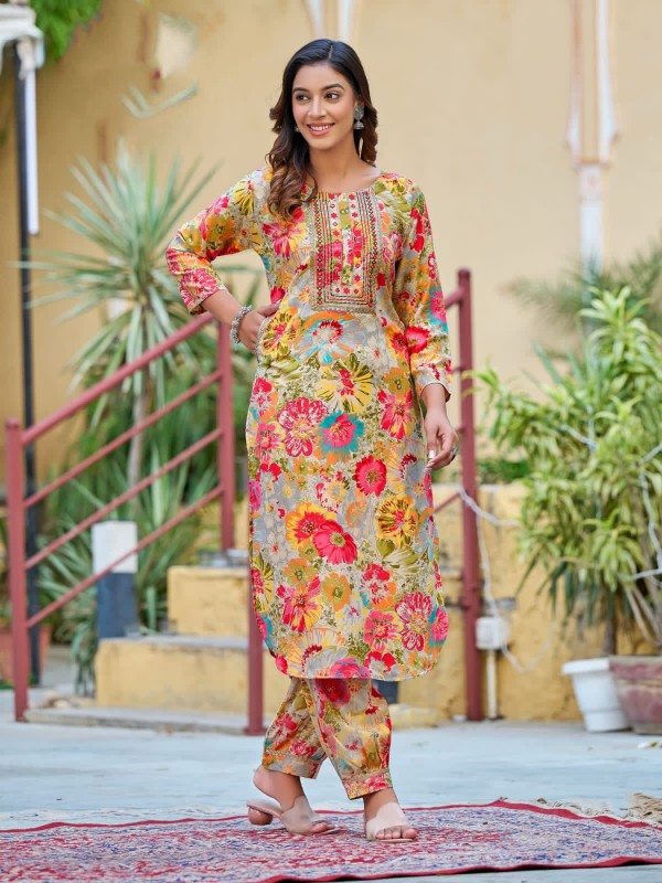Reyon  Casual Wear Suit In Multi Color With Embroidery Work 