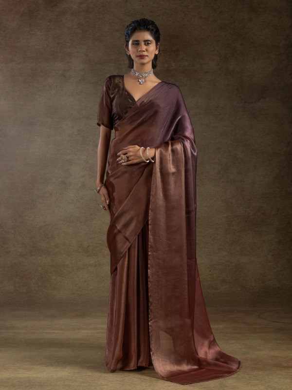 Pure Satin Silk Ready to wear Saree In Brown Color 