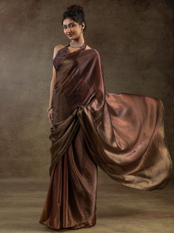 Pure Satin Silk Ready to wear Saree In Brown Color 