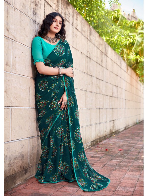 Teal Green  Color in Georgette Casual Wear Saree 