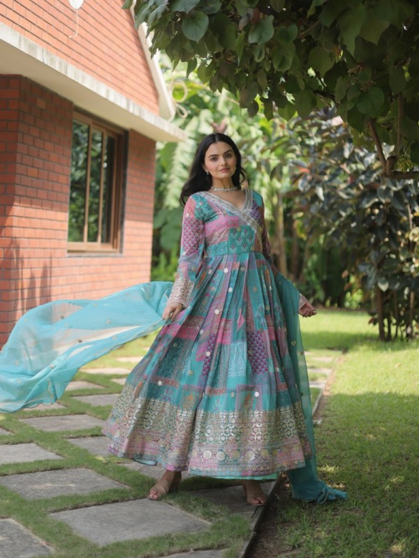 Silk Fabric Party Wear Suit In Sky Blue Color With Embroidery Work 