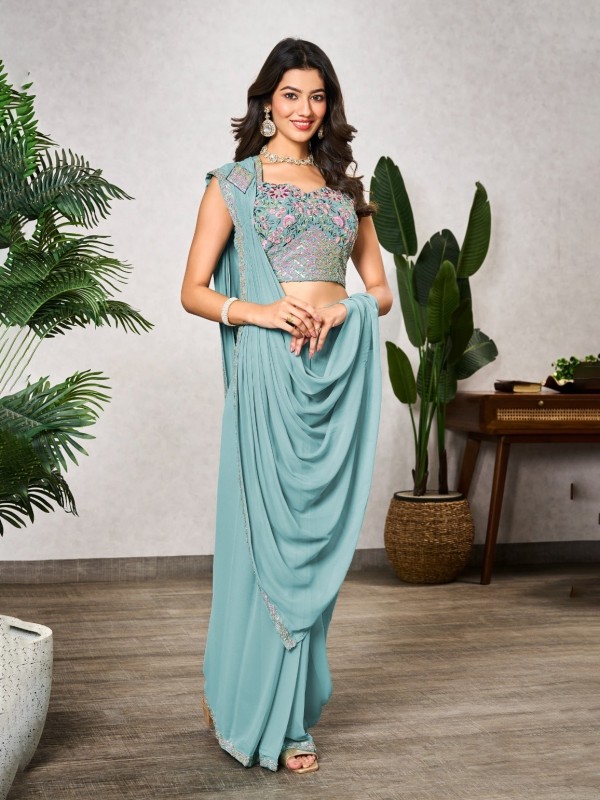 Shimmer Georgette Silk Ready to wear Saree In Light Blue Color 