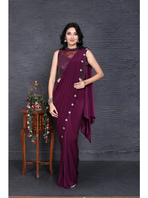 Imported Fabric Party Wear  Saree In Purple Color With Embroidery Work