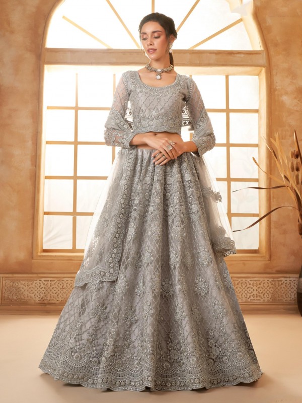 Soft Premium Net Party Wear Lehenga In Grey With Embroidery Work