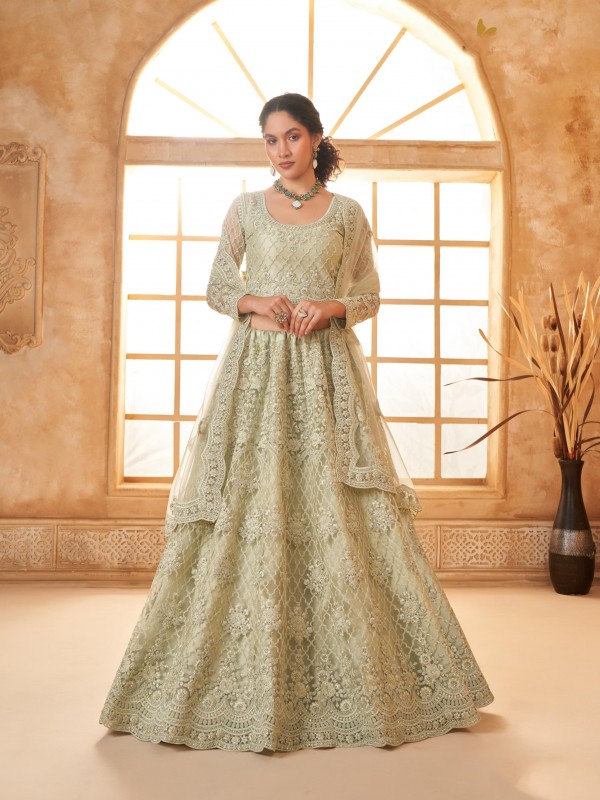 Soft Premium Net Party Wear Lehenga In Light Green With Embroidery Work
