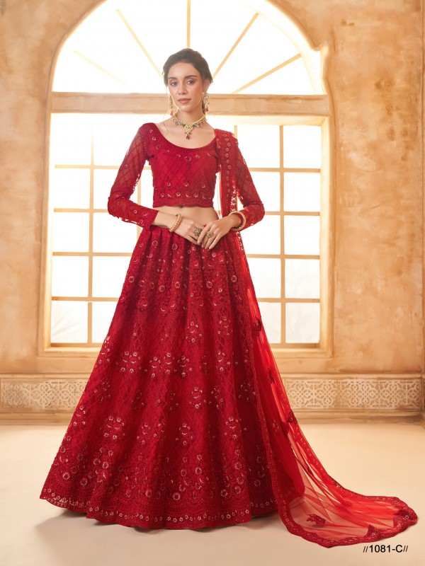 Soft Premium Net Party Wear Lehenga In Red With Embroidery Work
