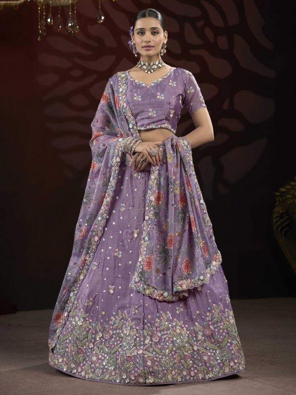 Bridal Net Fabric Party Wear Lehenga In Purple Color With Embroidery Work