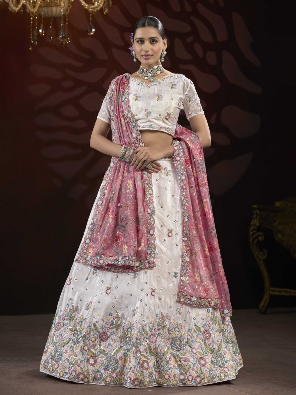 Bridal Net Fabric Party Wear Lehenga In Off White Color With Embroidery Work