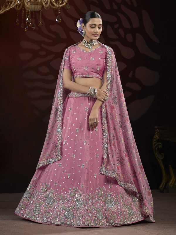 Bridal Net Fabric Party Wear Lehenga In Pink Color With Embroidery Work