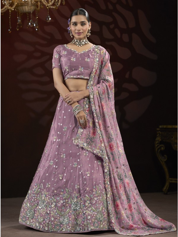 Bridal Net Fabric Party Wear Lehenga In Light Purple Color With Embroidery Work