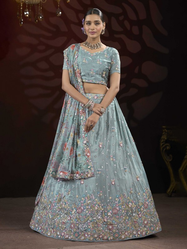 Bridal Net Fabric Party Wear Lehenga In Sea Blue Color With Embroidery Work