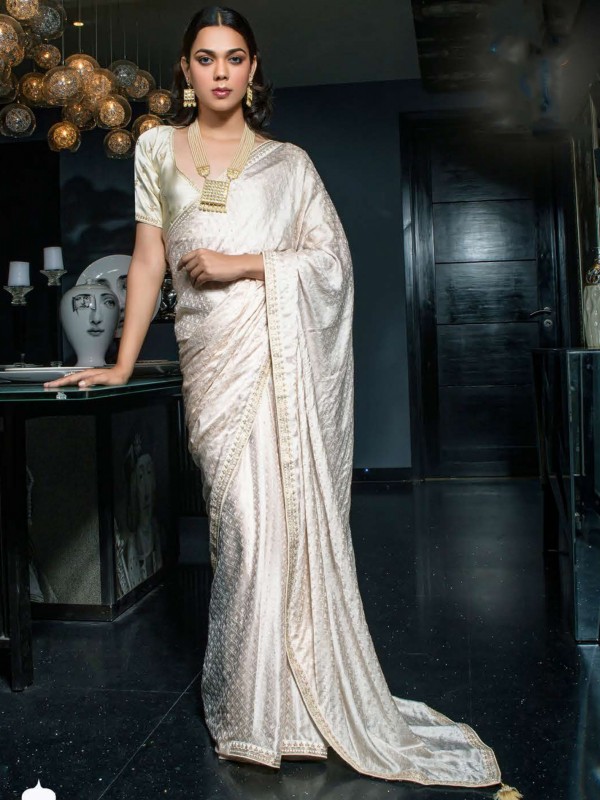 Pure Silk Party Wear Saree In Off White Color With Embroidery Work