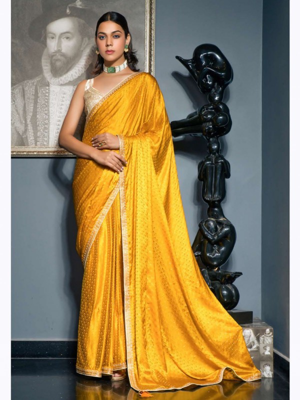 Pure Silk Party Wear Saree In Yellow Color With Embroidery Work