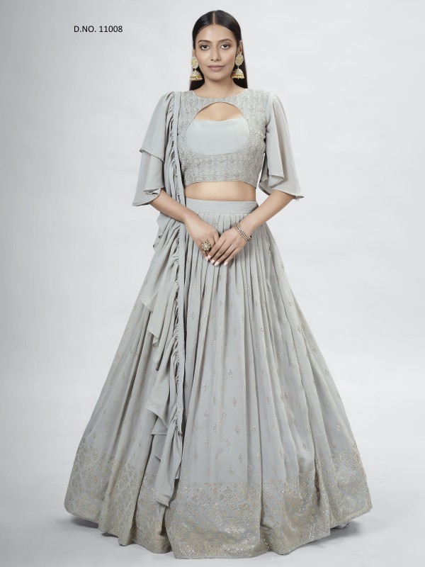 Georgette  Party Wear Lehenga In  Grey With Embroidery Work