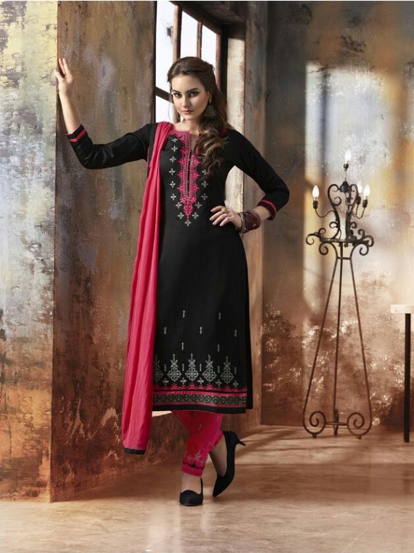 Cotton Silk Party Wear Salwar Suit In Black With Handwork Work