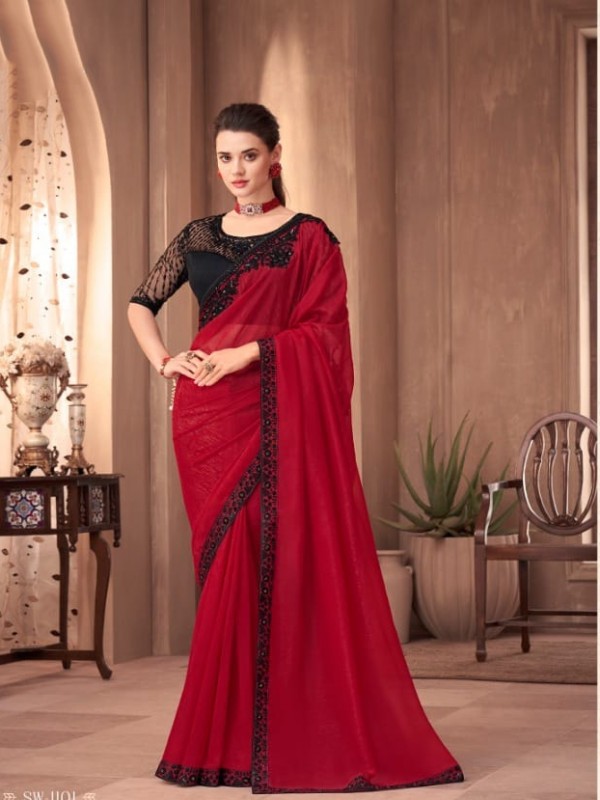 Fancy Silk Party wear Saree Red Color With Embroidery Work