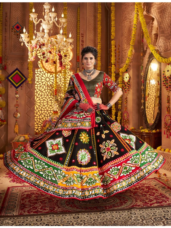Organic Cotton Fabric Lehenga In Black Color With Embroidery Work 
