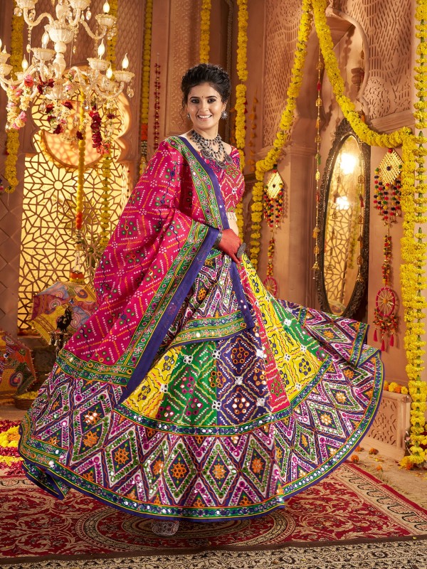 Organic Cotton Fabric Lehenga In Multi Color With Embroidery Work 