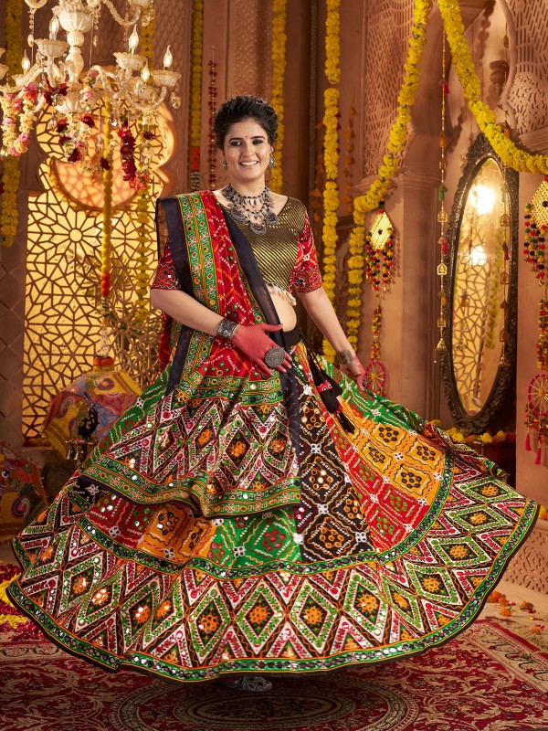 Organic Cotton Fabric Lehenga In Multi Color With Embroidery Work 