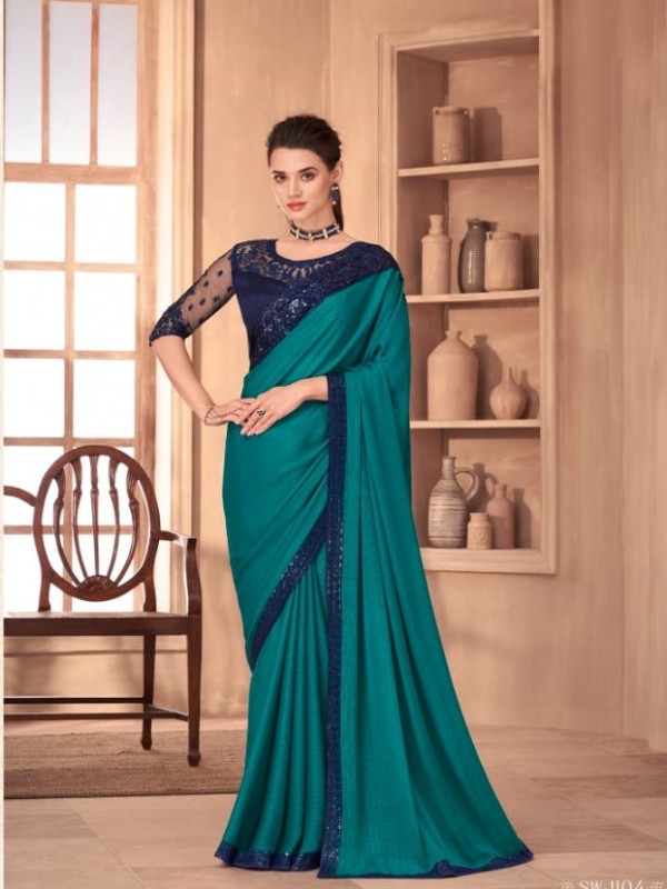 Fancy Silk Party wear Saree Turquoise Color With Embroidery Work