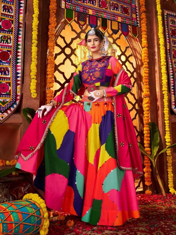 Muslin Silk fabric Lehenga In Multi Color With Mirror Work 