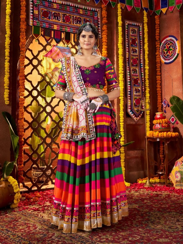 Muslin Silk fabric Lehenga In Multi Color With Mirror Work 