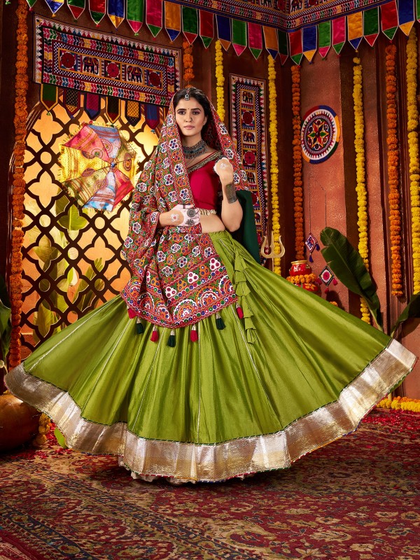 Silk fabric Lehenga In Green Color With Embroidery Work 