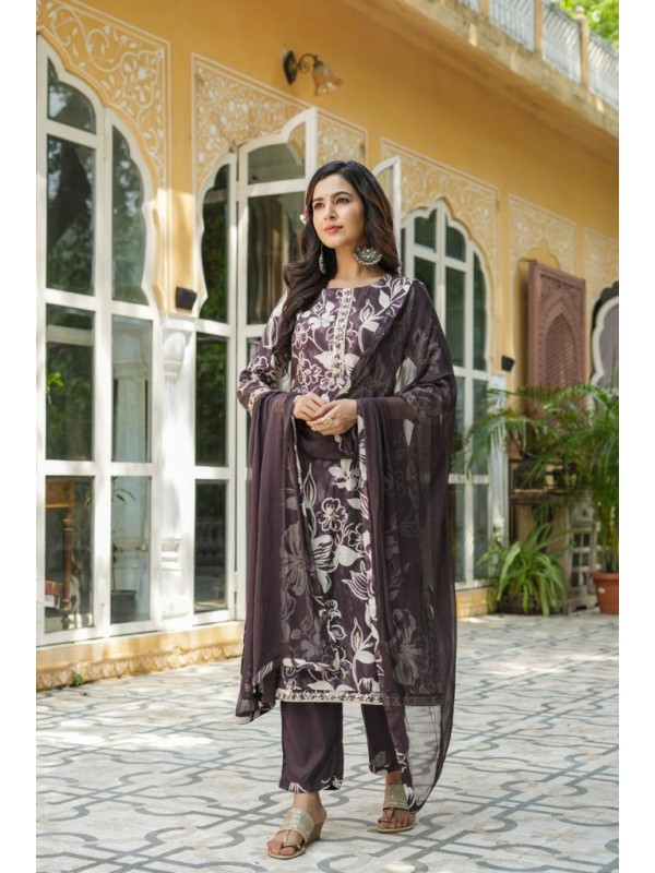 Pure Muslin Silk Party Wear Suit In Violet Color With Embroidery