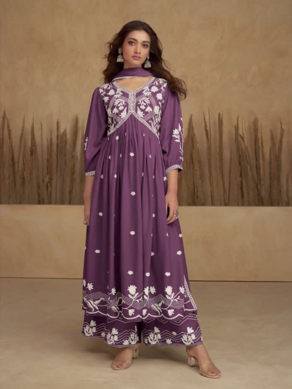 Reyon Party Wear Sarara in Purple Color with Embroidery Work