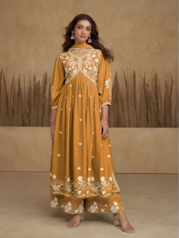 Reyon Party Wear Sarara in Yellow Color with Embroidery Work