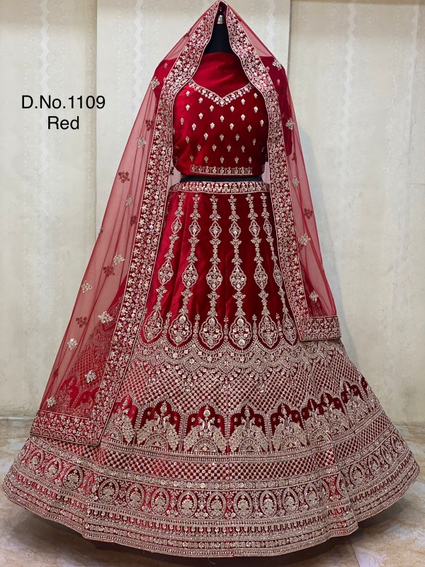 Pure Micro Velvet Bridal  Wear Lehenga In Red Color With Embroidery Work 