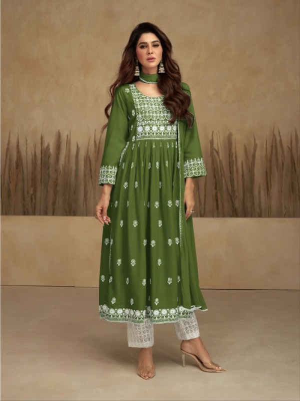 Reyon  Party Wear Suit in Green Color with  Embroidery Work