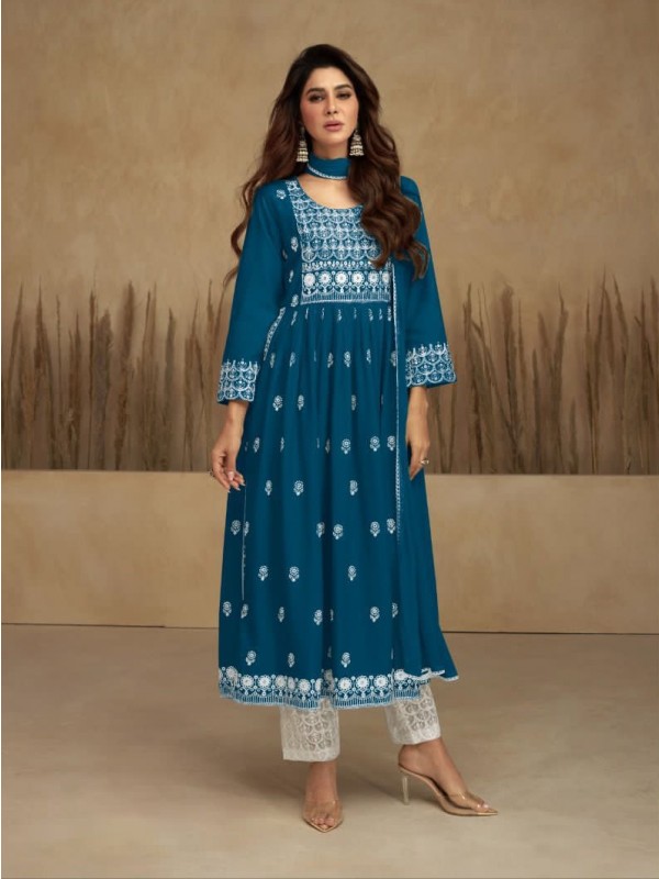 Reyon  Party Wear Suit in Blue Color with  Embroidery Work