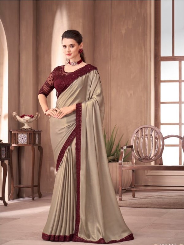 Fancy Silk Party wear Saree Beige Color With Embroidery Work