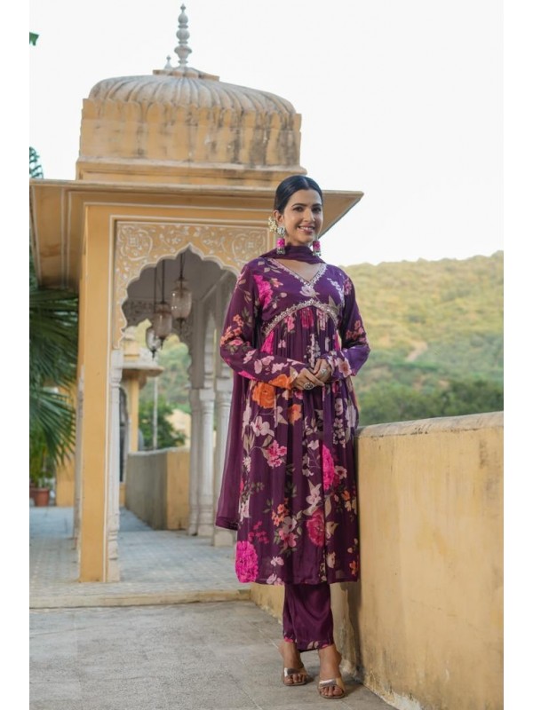 Pure Chinon Silk Party Wear Suit In Purple Color With Embroidery