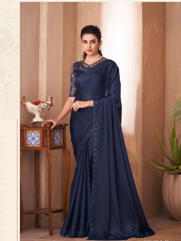 Fancy Silk Party wear Saree Blue Color With Embroidery Work