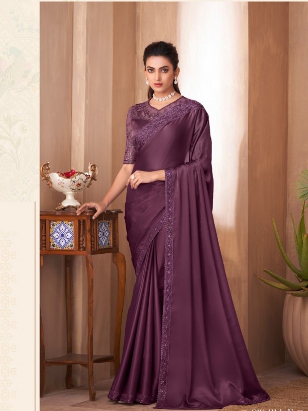 Fancy Silk Party wear Saree Purple Color With Embroidery Work