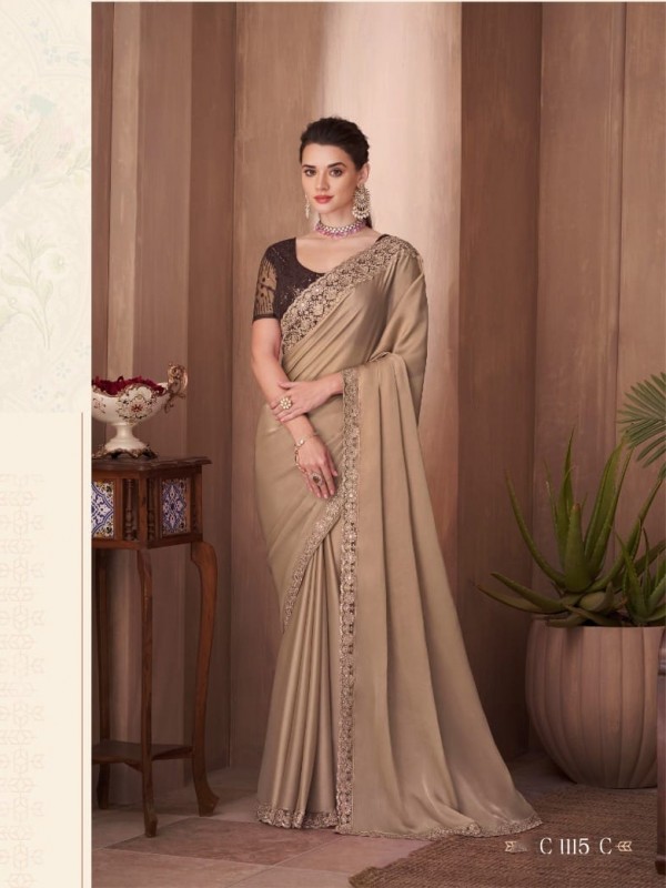 Fancy Silk Party wear Saree Beige Color With Embroidery Work