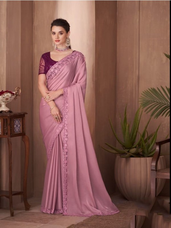 Fancy Silk Party wear Saree Light Pink Color With Embroidery Work