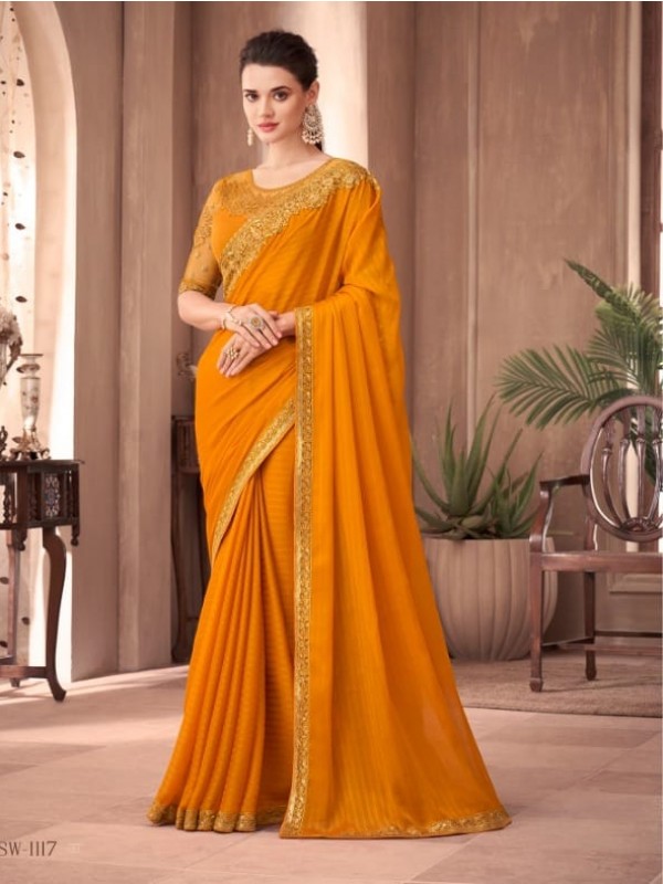 Fancy Silk Party wear Saree Mustard Color With Embroidery Work