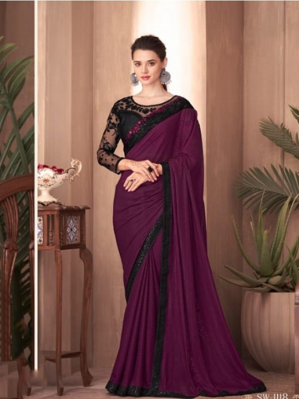 Fancy Silk Party wear Saree Purple Color With Embroidery Work