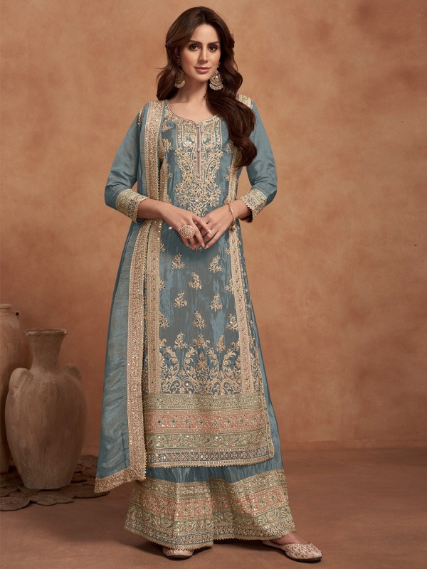 Pure Silk Party Wear Sharara in Grey Color with Embroidery Work