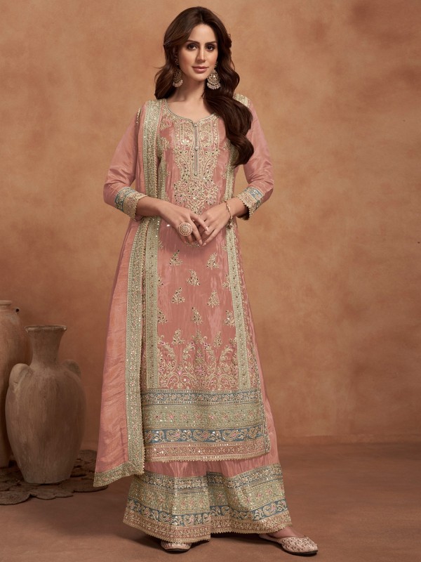 Pure Silk Party Wear Sharara in Peach Color with Embroidery Work