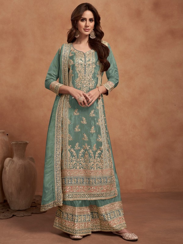 Pure Silk Party Wear Sharara in Green Color with Embroidery Work