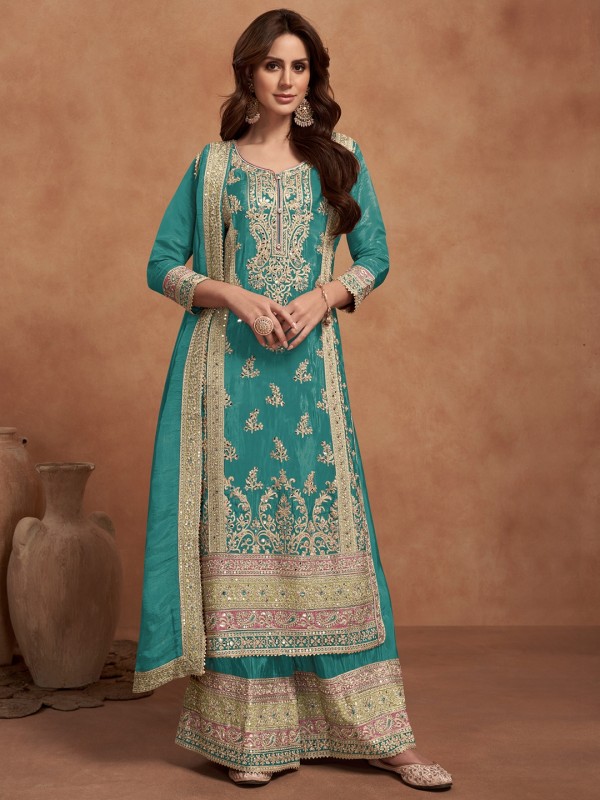 Pure Silk Party Wear Sharara in Teal Blue Color with Embroidery Work