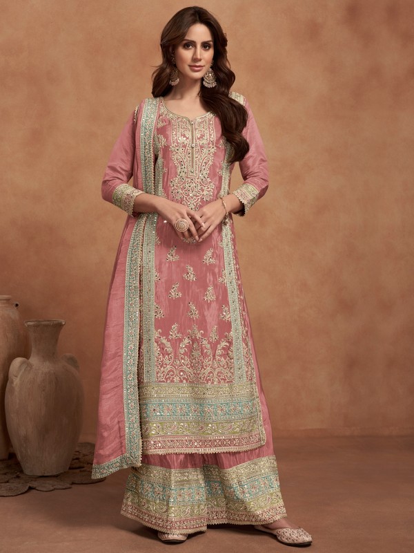 Pure Silk Party Wear Sharara in Dark Peach Color with Embroidery Work