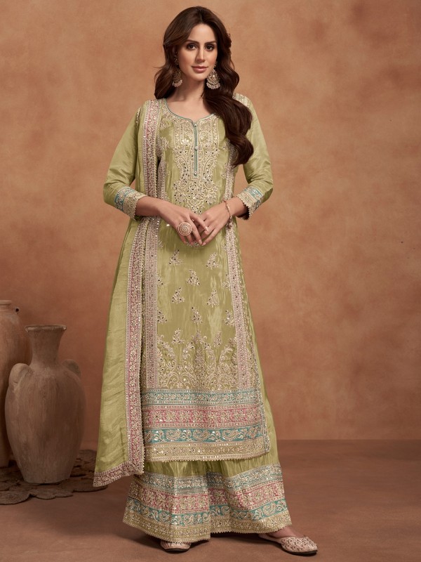 Pure Silk Party Wear Sharara in Lemon Color with Embroidery Work