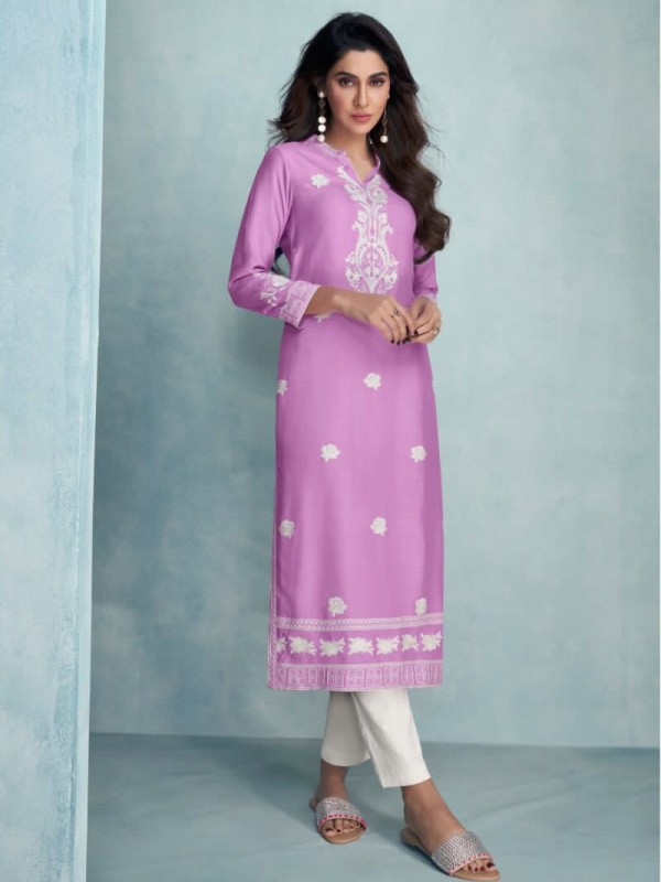 Reyon Viscose in Lavender Color with  Embroidery Work